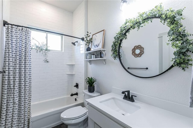 full bathroom featuring vanity, shower / bathtub combination with curtain, and toilet