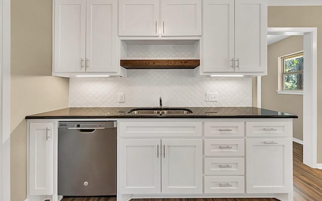 kitchen featuring white cabinetry, stainless steel dishwasher, hardwood / wood-style flooring, and sink