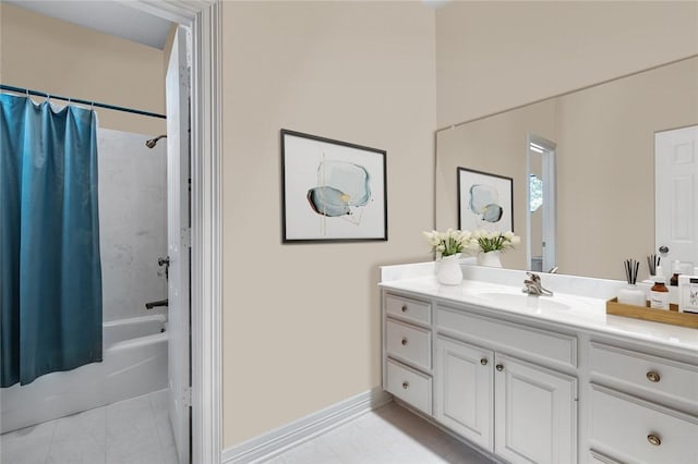 bathroom featuring tile patterned floors, vanity, and shower / tub combo with curtain