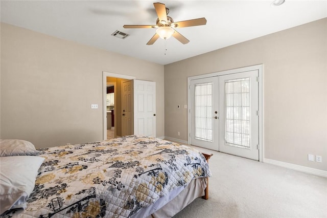 bedroom with access to outside, ceiling fan, french doors, and carpet