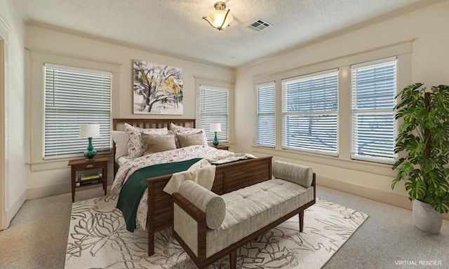 carpeted bedroom featuring a textured ceiling