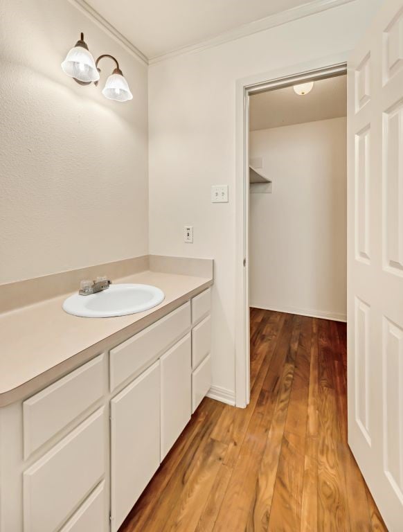 bathroom with wood-type flooring, ornamental molding, and vanity