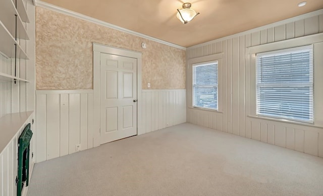 unfurnished room featuring crown molding and carpet floors