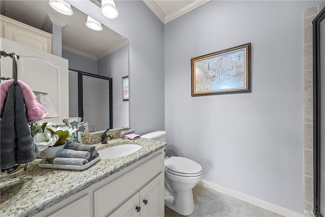 bathroom with tile patterned flooring, crown molding, toilet, vanity, and a shower with shower door