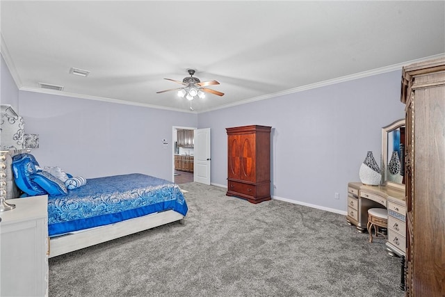 bedroom with carpet flooring, ceiling fan, and crown molding