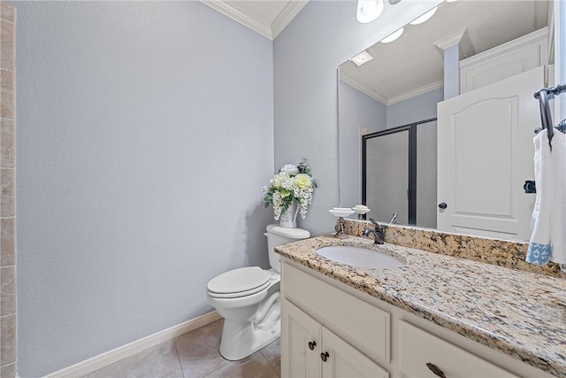 bathroom featuring tile patterned floors, crown molding, toilet, a shower with door, and vanity