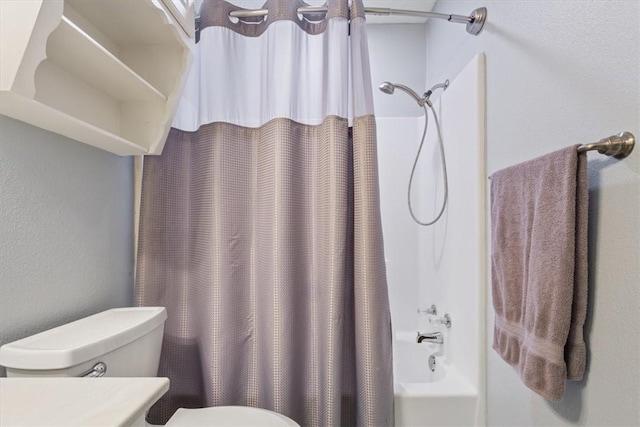 bathroom featuring toilet and shower / bathtub combination with curtain