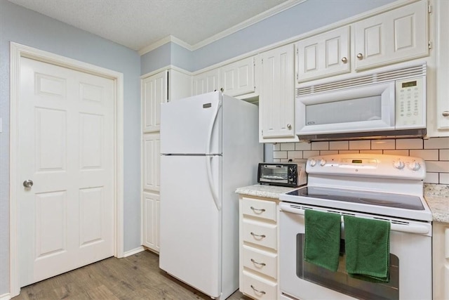 kitchen with backsplash, white appliances, crown molding, light hardwood / wood-style flooring, and white cabinetry