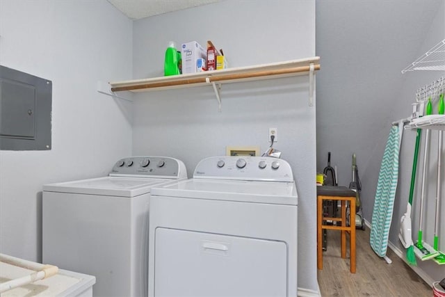 laundry area featuring electric panel, light hardwood / wood-style flooring, and independent washer and dryer