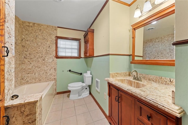 bathroom featuring toilet, a tub, tile patterned flooring, ornamental molding, and vanity