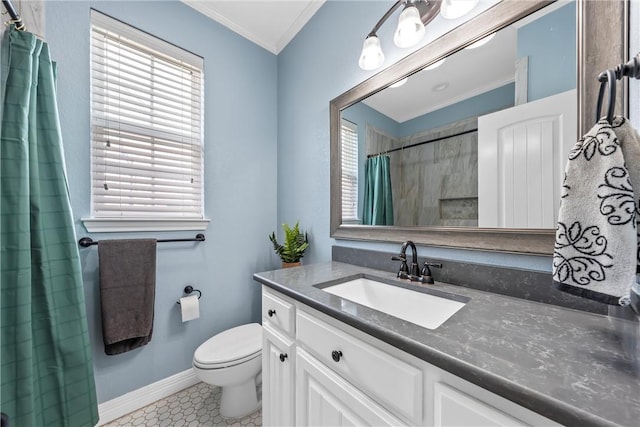 bathroom featuring vanity, a shower with curtain, baseboards, crown molding, and toilet