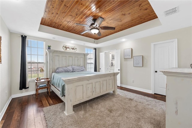 bedroom featuring a raised ceiling, multiple windows, wood ceiling, and visible vents