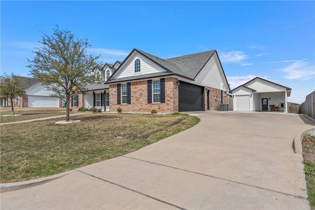 ranch-style house with a front yard, brick siding, roof with shingles, and driveway