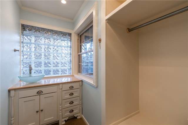 bathroom featuring crown molding and vanity