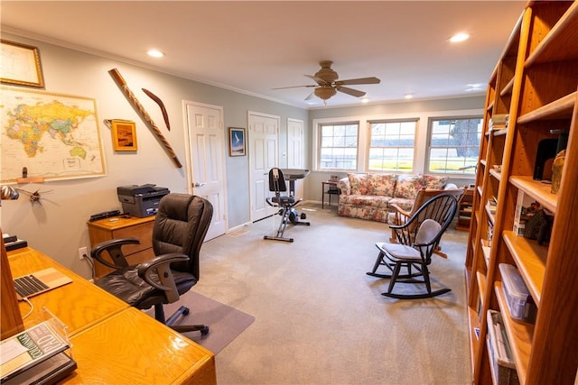 office with ornamental molding, carpet flooring, and ceiling fan