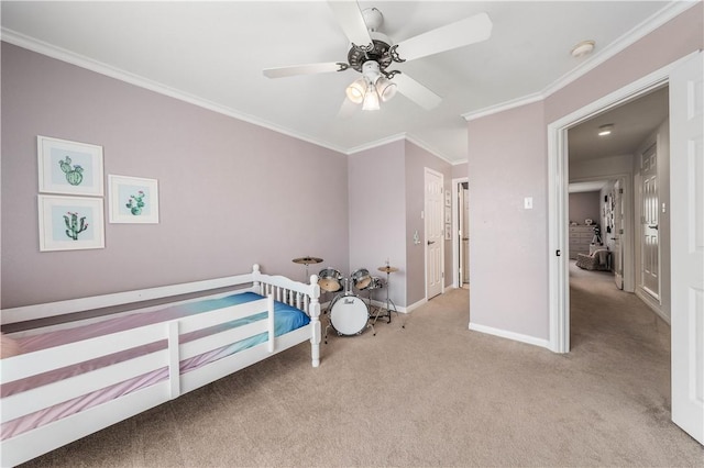 bedroom with ceiling fan, light colored carpet, and crown molding