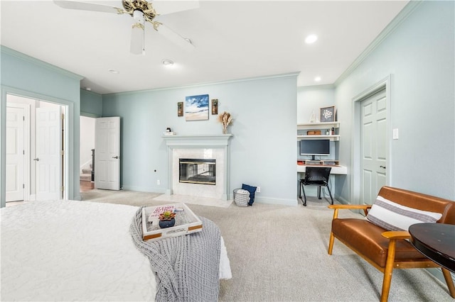 living room with light colored carpet, ceiling fan, and crown molding