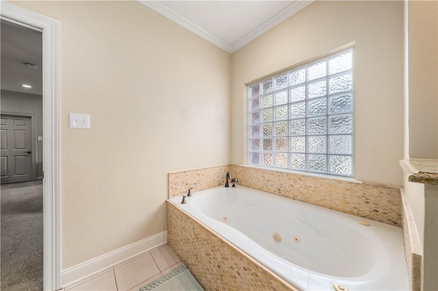 bathroom with tile patterned flooring, a relaxing tiled tub, and ornamental molding