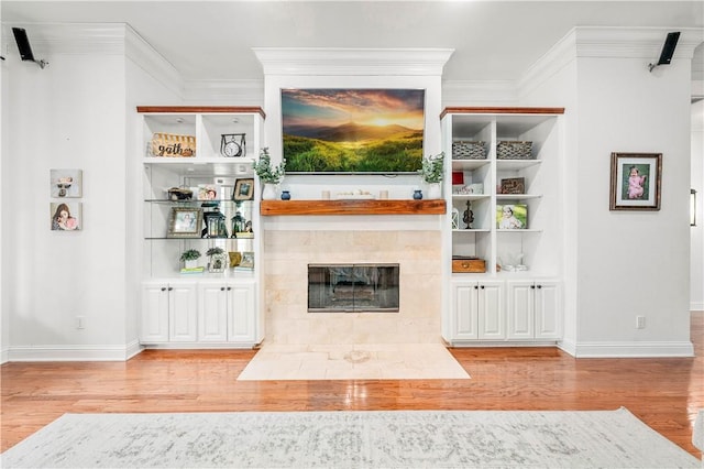 interior space featuring crown molding, a fireplace, and light wood-type flooring