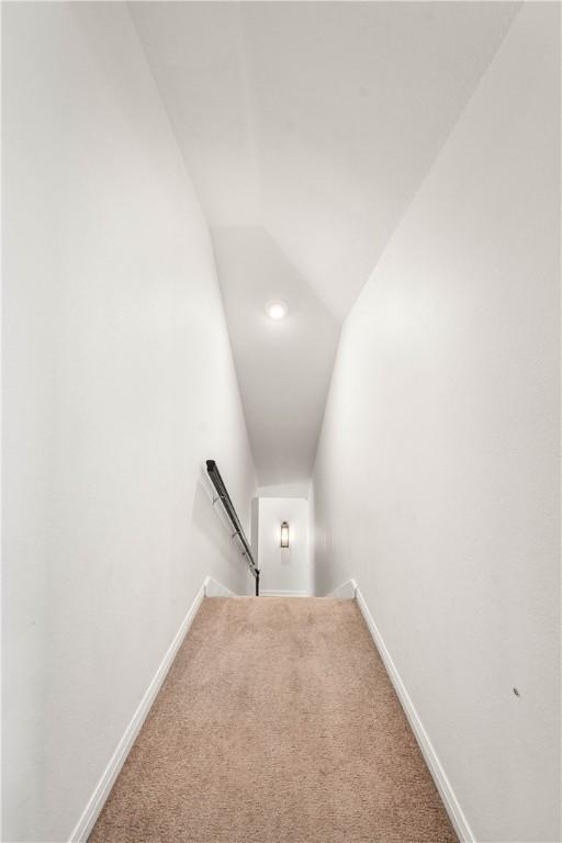 stairs with carpet floors and vaulted ceiling