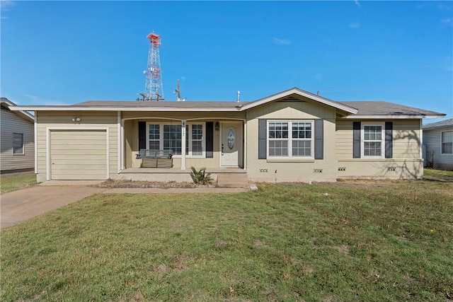 ranch-style home featuring a garage, concrete driveway, and a front lawn