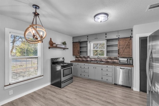 kitchen with a barn door, a healthy amount of sunlight, stainless steel appliances, and light wood-type flooring