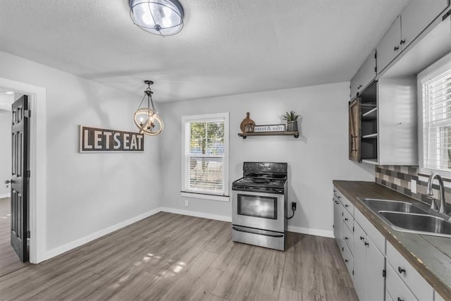 kitchen with a barn door, white cabinetry, stainless steel stove, and a healthy amount of sunlight