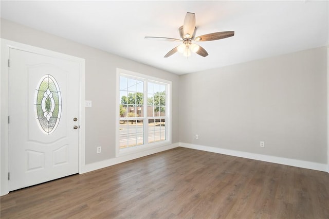 entrance foyer with hardwood / wood-style floors and ceiling fan