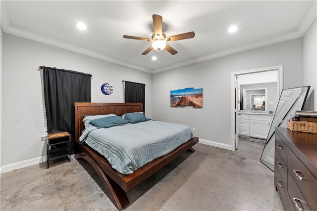 bedroom featuring crown molding, connected bathroom, and ceiling fan