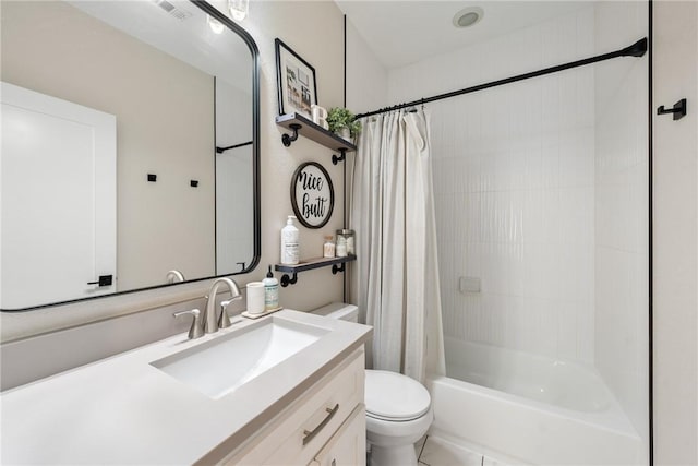 full bathroom featuring vanity, shower / bathtub combination with curtain, and toilet