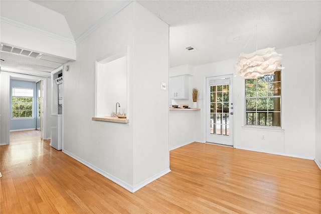 foyer with ornamental molding, a textured ceiling, light hardwood / wood-style flooring, and lofted ceiling