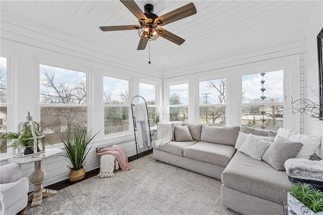 sunroom featuring wood ceiling, plenty of natural light, and ceiling fan