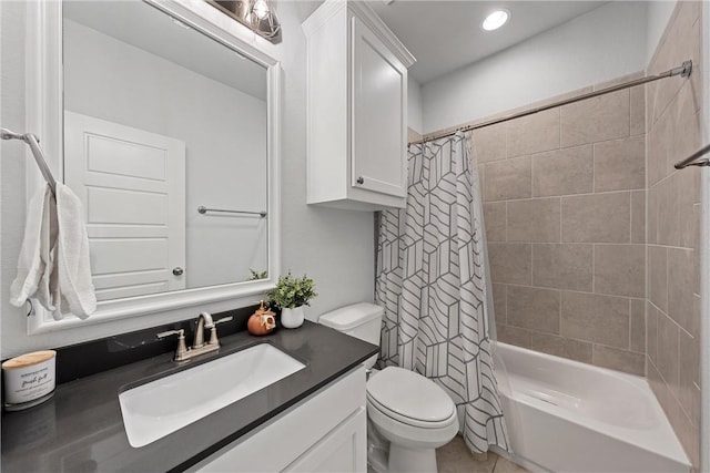 full bathroom with shower / bath combo, toilet, and vanity