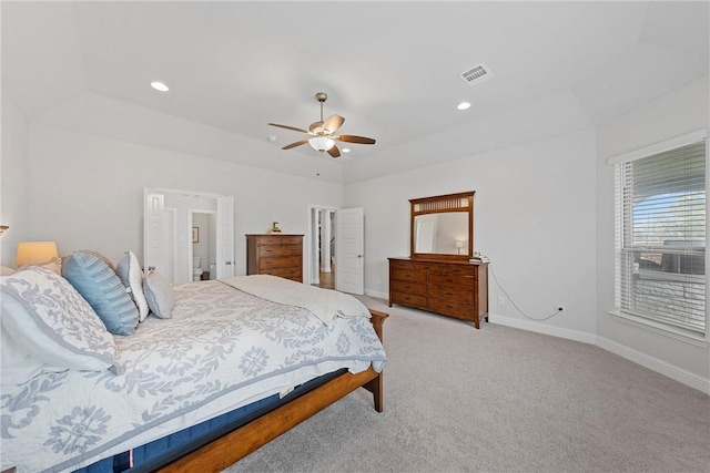 bedroom featuring ceiling fan and light colored carpet