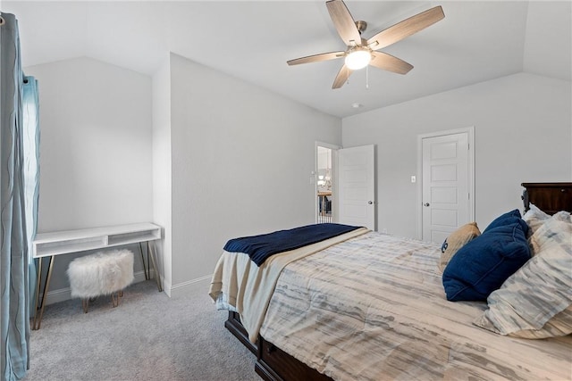 bedroom with carpet flooring, ceiling fan, and lofted ceiling