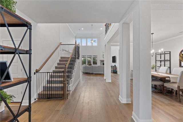 foyer featuring ceiling fan with notable chandelier, light hardwood / wood-style flooring, and ornamental molding