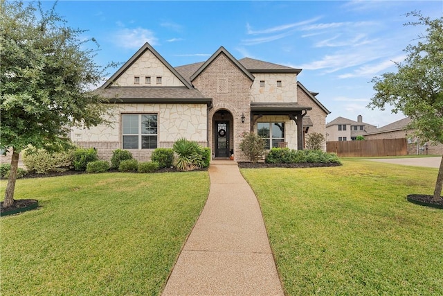 french country style house featuring a front lawn