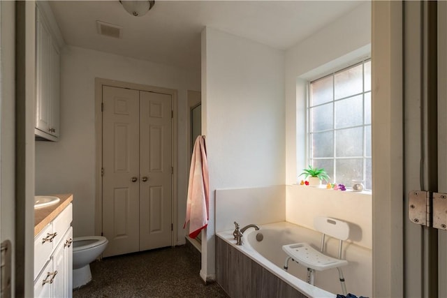 full bathroom with vanity, separate shower and tub, and toilet