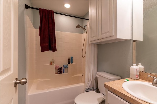 full bathroom with vanity, toilet, and shower / bath combo with shower curtain