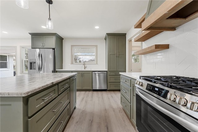 kitchen with open shelves, gray cabinetry, extractor fan, appliances with stainless steel finishes, and backsplash