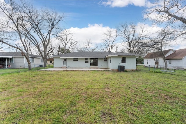 back of house with a patio area, central AC unit, a lawn, and a fenced backyard