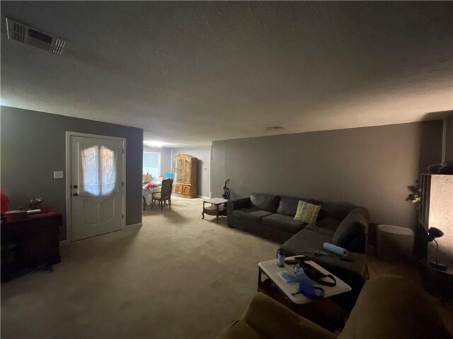 carpeted living room with a textured ceiling