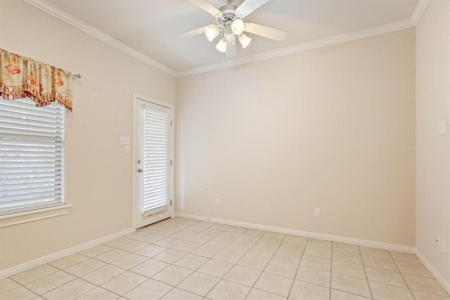 tiled empty room featuring ceiling fan and crown molding