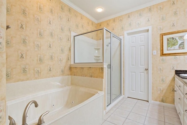 bathroom with shower with separate bathtub, vanity, tile patterned floors, and crown molding