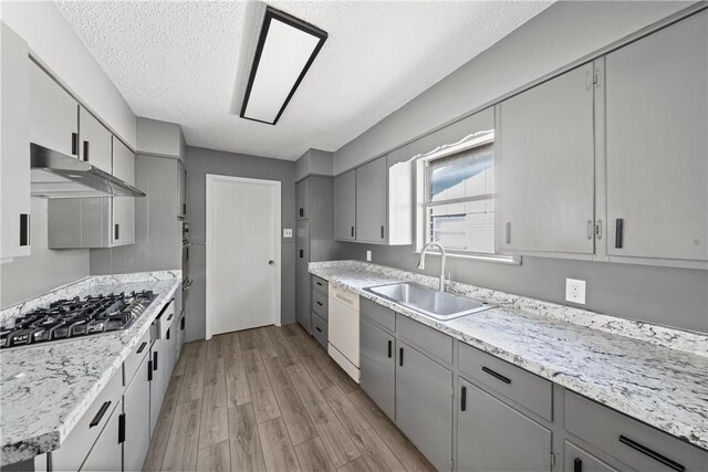 kitchen featuring sink, ceiling fan, light hardwood / wood-style floors, white dishwasher, and wall oven