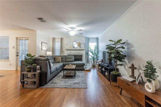 living room featuring visible vents, a ceiling fan, wood finished floors, crown molding, and a fireplace