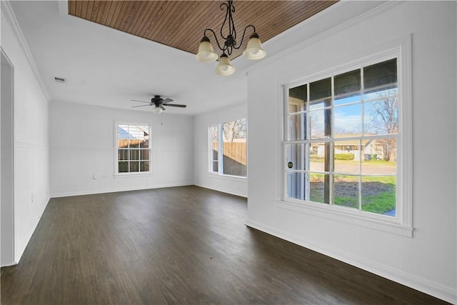 interior space featuring crown molding, dark hardwood / wood-style floors, ceiling fan with notable chandelier, and wooden ceiling