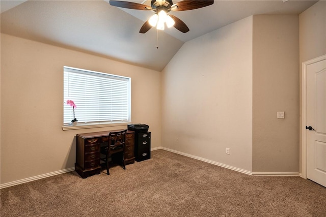 office space featuring ceiling fan, carpet flooring, and vaulted ceiling