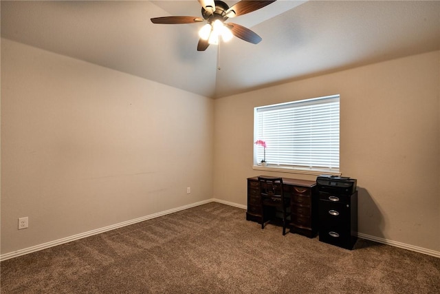 carpeted office with ceiling fan and lofted ceiling