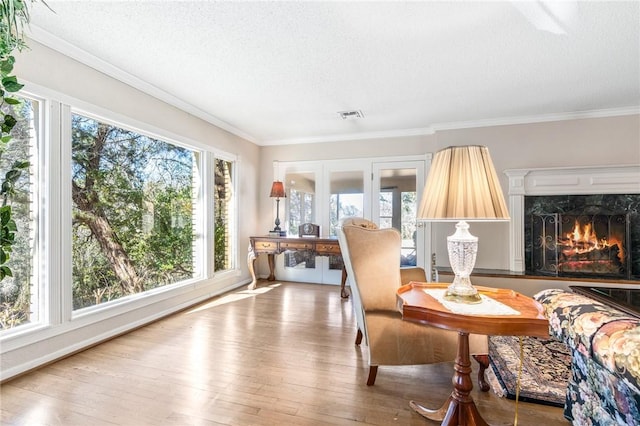 sunroom featuring plenty of natural light and a high end fireplace